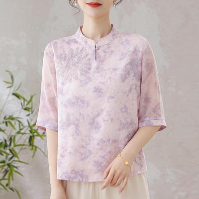 Elegant Faux Silk Chinese Style Top for Women - Short-Sleeved Mulberry Silk Blouse for Mom