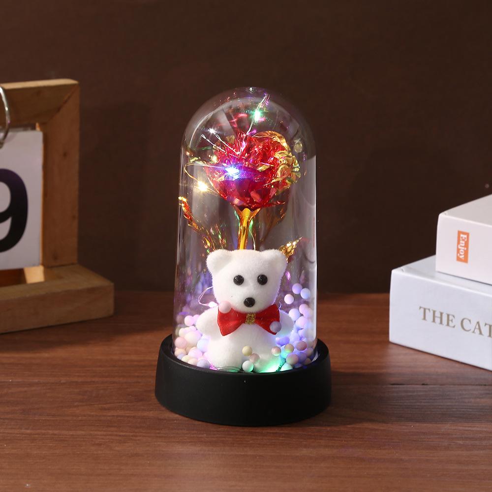 Artificial Rose Bear Desktop Ornament Eternal 24K Gold Foil Flower with Light Acrylic Cover Valentine's Day Birthday Rose Decor
