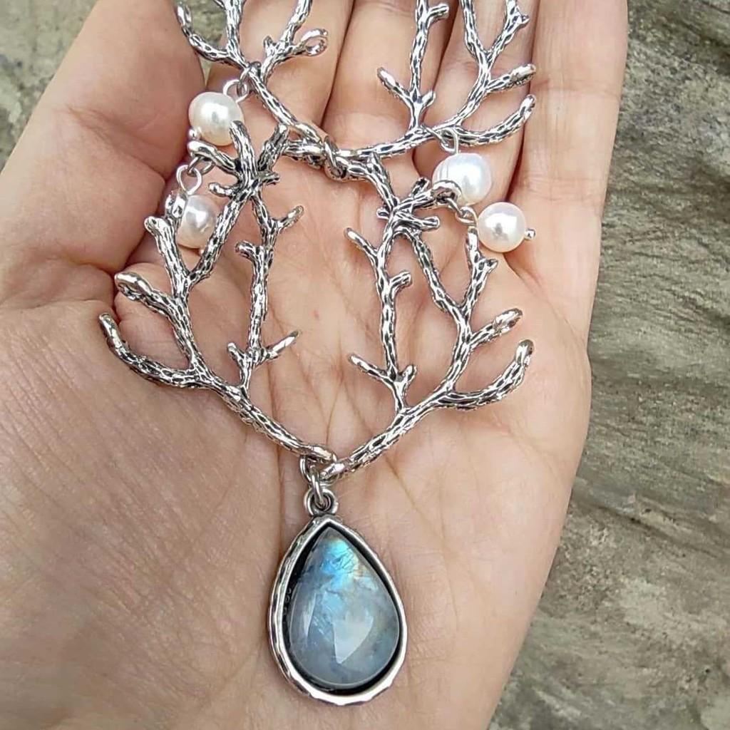 Forest Spirit Tree Branch Necklace With Moonstone And Silver Leaf Pendant For Women