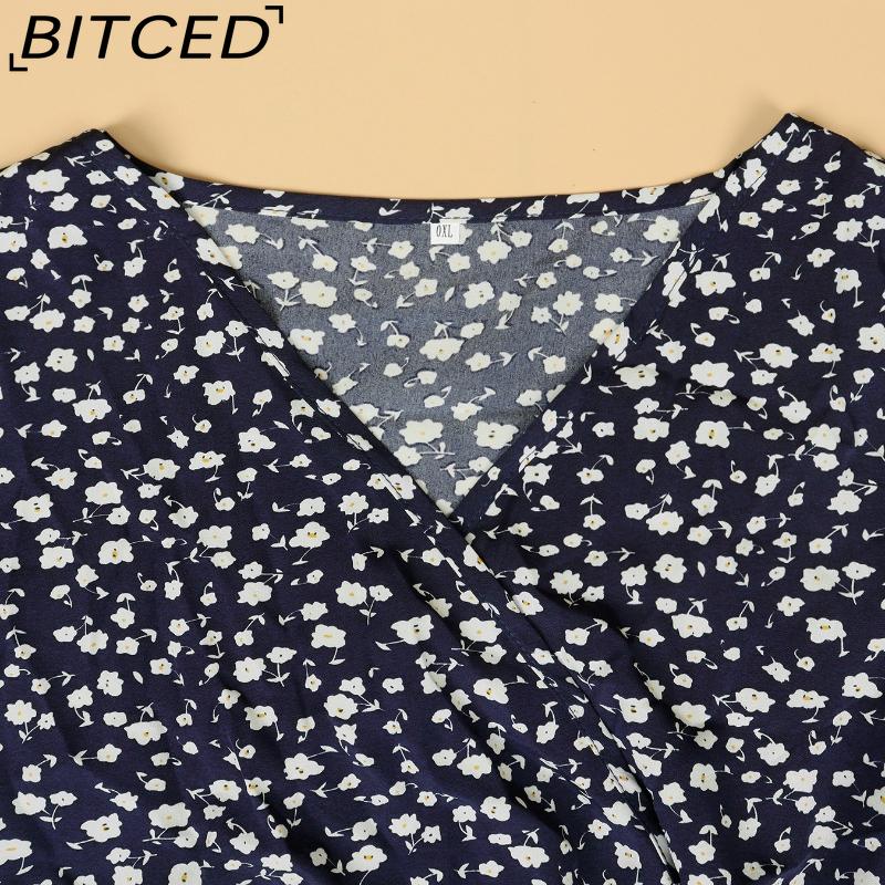 BITCED Plus Size Women's Sun Dress Summer Floral Short-Sleeve Wrap V-Neck A-Line Dress