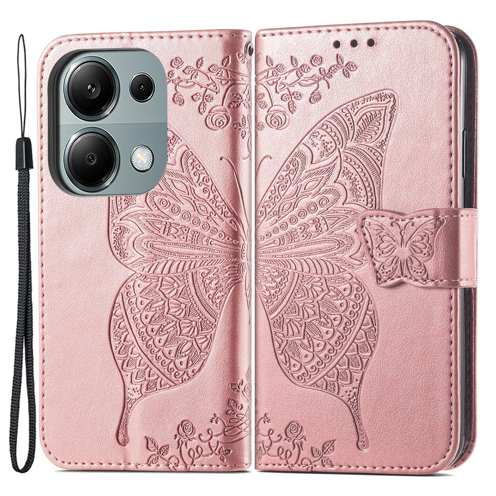 

Чехол для телефона Xiaomi Redmi Note 13 Pro 4G/Poco M6 Pro 4G с принтом бабочки и держателем для карт Rose Gold