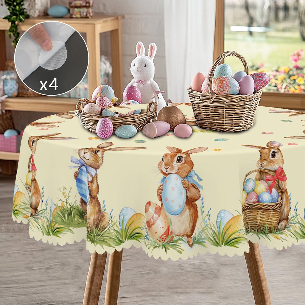 1 Față de masă rotundă de Paște, 5 Dimensiuni Disponibile, Față de masă pătrată drăguță cu imprimeu ou de iepuraș de Paște, Proces de gofrare pe margine, Față de masă decorativă de grădină de primăvară