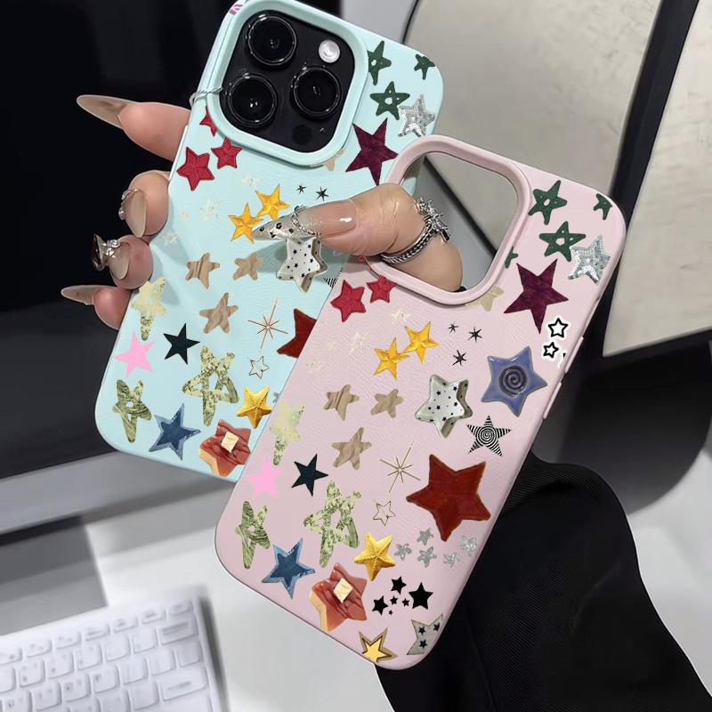 Y2k INS Graffiti Star Moon Phone Case For iPhone 17Pro 16 15 14 11 13 Pro Max 12 Plus Lichee Pattern Shockproof Silicone Funda
