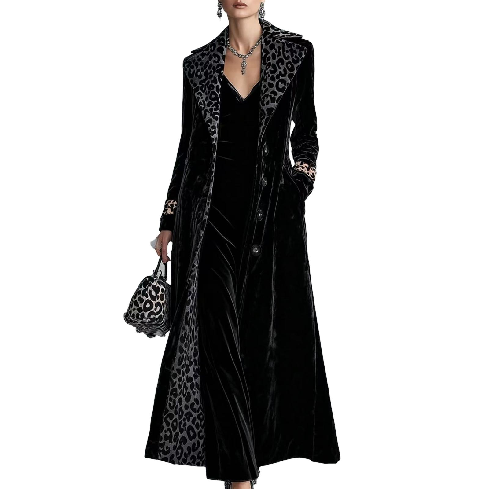 Women`s Leopard Print Velvet Long Coat