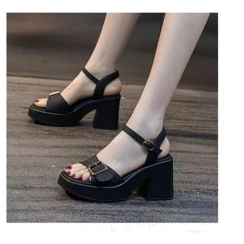 Fashion Ladies Shoes On Sale 2024 New One-word Buckle Women's Sandals Summer Open Toe Mid Heel Water Proof Concise Daily Sandals Women
