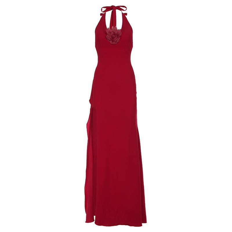 Design Sense, Temperament, Holiday Style, Red Dress Hanging Neck V-neck High Split Fork, Thin and High Dress, Dress Skirt