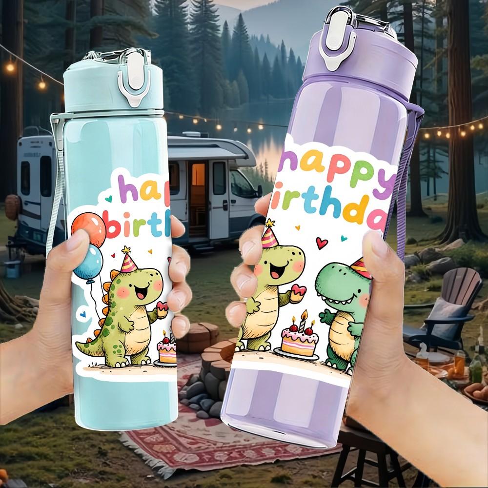 1PC Happy Birthday Dinosaur Party Print 750ml Color Plastic Sports Water Bottle Leakproof Flip Straw Lid Suitable for Sports Office Home Use