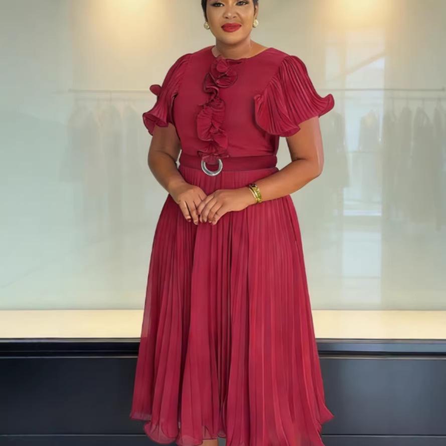 Plus Size Women s Chiffon Midi Dress with Ruffle Pleats, Waist-Cinching, Slimming, Elegant for Banquets 3XL красный