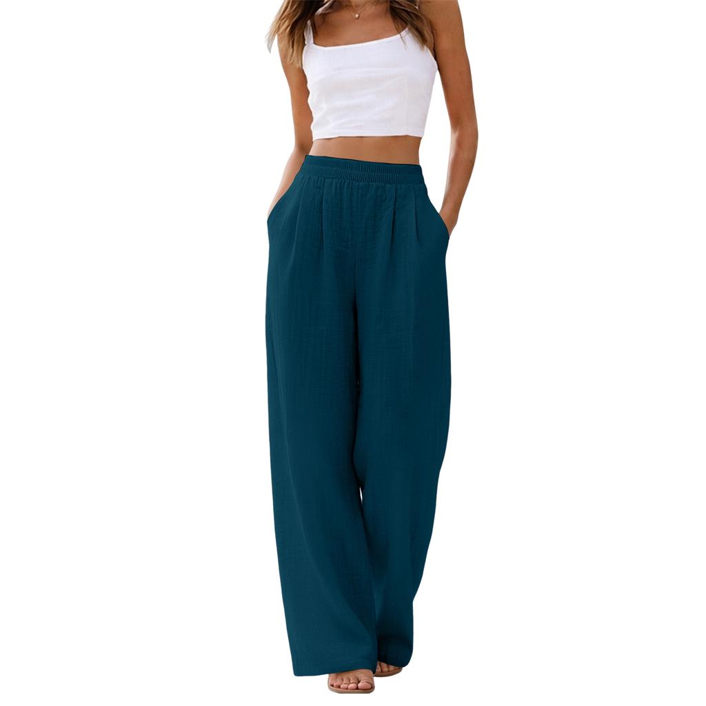 Women's Linen Wide Leg Pants Elastic Waist Summer Beach Vacation Lightweight Loose Fit Long Trousers Casual Comfortable