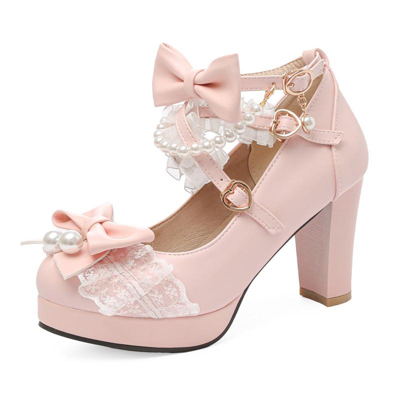 Original Lolita beaded buckle with women's single shoes fashion thick heel light mouth lace bow sweet princess high heels