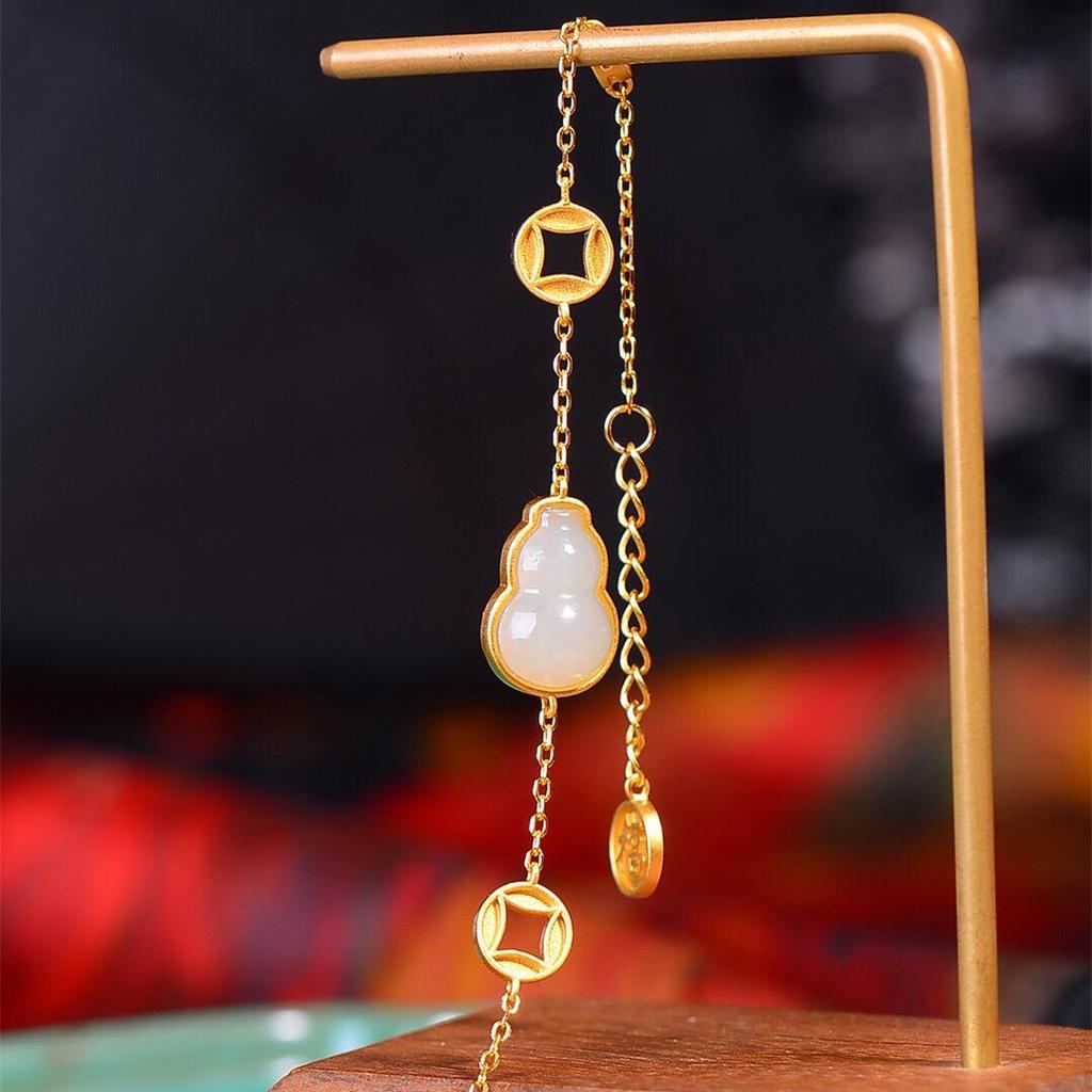 Retro Ruyi Gourd Bracelet with Imitation Hetian Jade and Zirconia Coin - Court Style Jewelry for Women