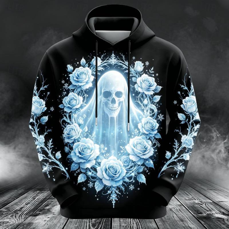 Men's Gothic Skull Purple Rose Full Print Hoodie Halloween Long Sleeve Drawstring Hooded Sweatshirt For Party Streetwea