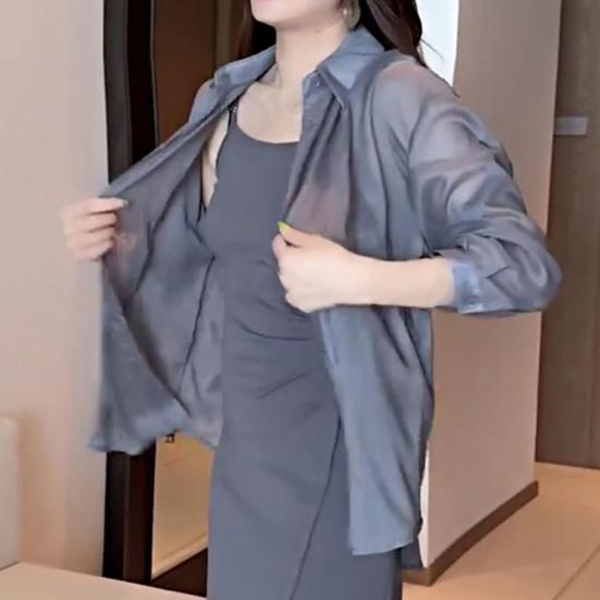 Women Sun Protection Shirt Lapel Long Sleeve Back Lace-up Chiffon Tops Solid Color Single Breasted