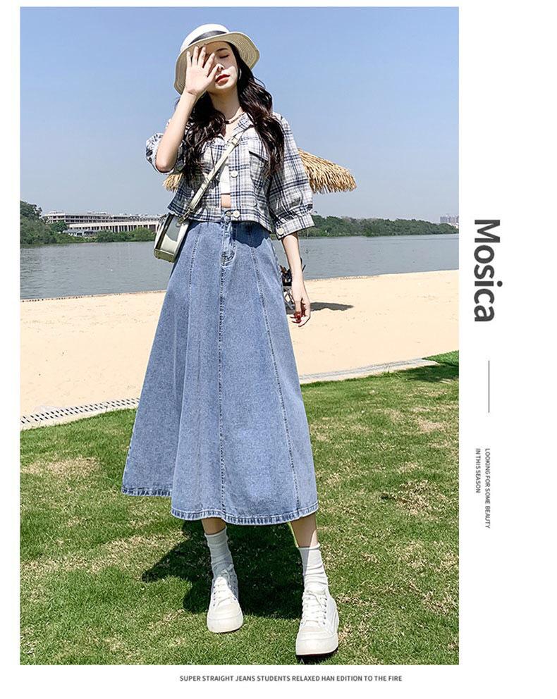 2023 Spring Women's Mid-Length Pleated High-Waist Denim A-Line Skirt