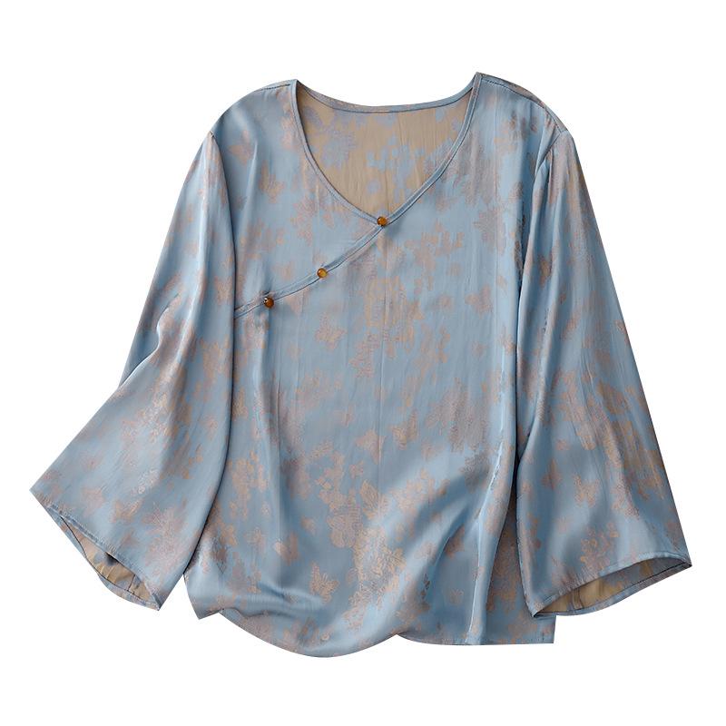 New 2026 Rayon Chinese Jacquard National Style Summer Shirt with Diagonal Placket M