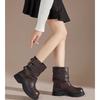 Metal Belt Buckle Block Heel Single Boots Women'S Fashion Round Toe Sleeve Pleated Mid Heel Boots