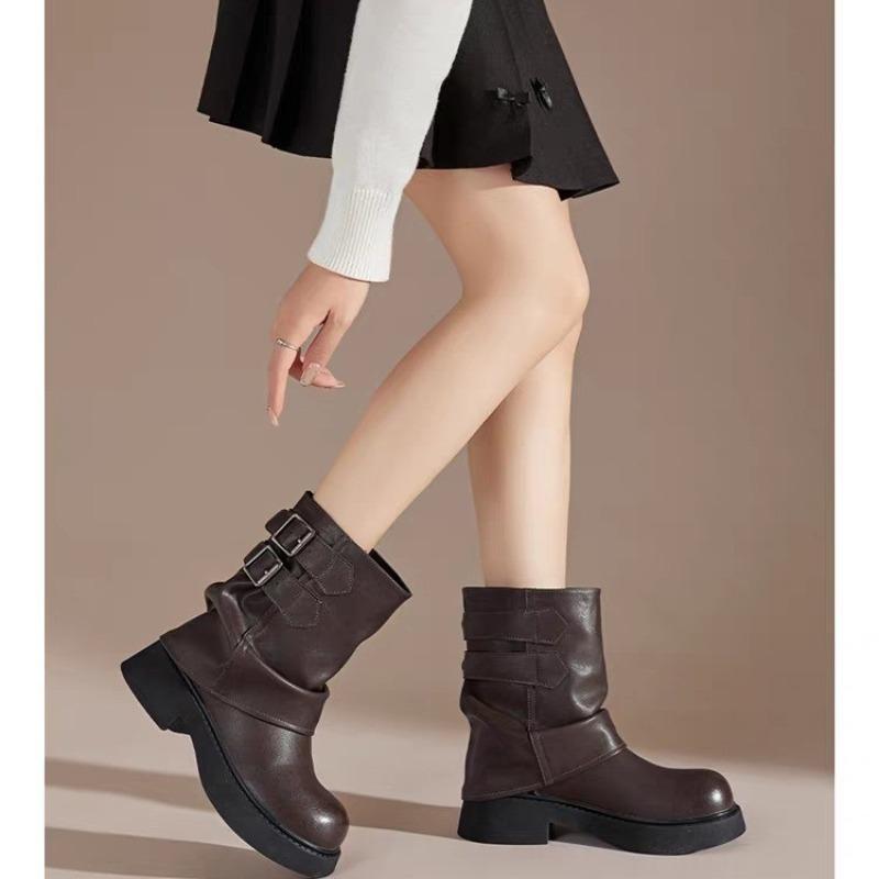 Fashion Metal Belt Buckle Block Heel Single Boots Women's Fashion Round Toe Sleeve Pleated Mid Heel Boots