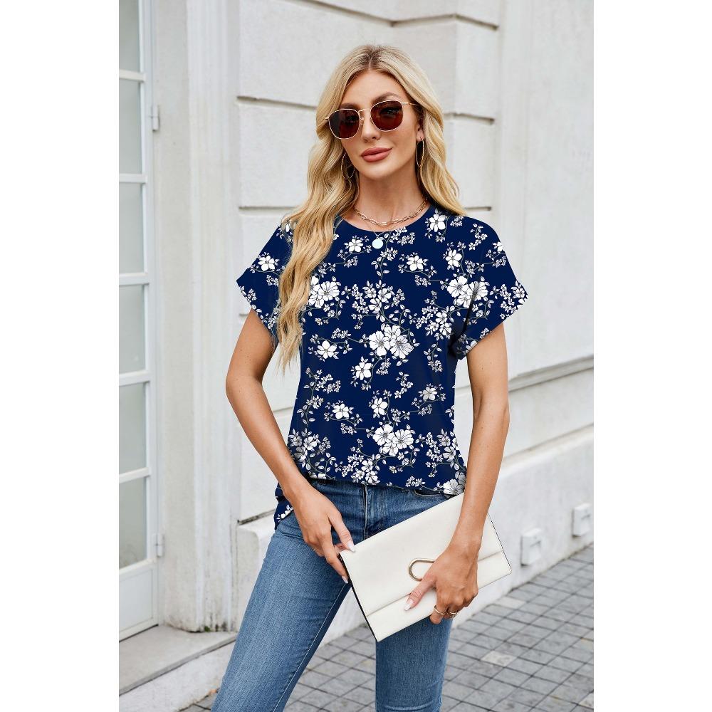 Summer Printed Round Neck Loose Short Sleeved T-shirt Casual Versatile Top for Women