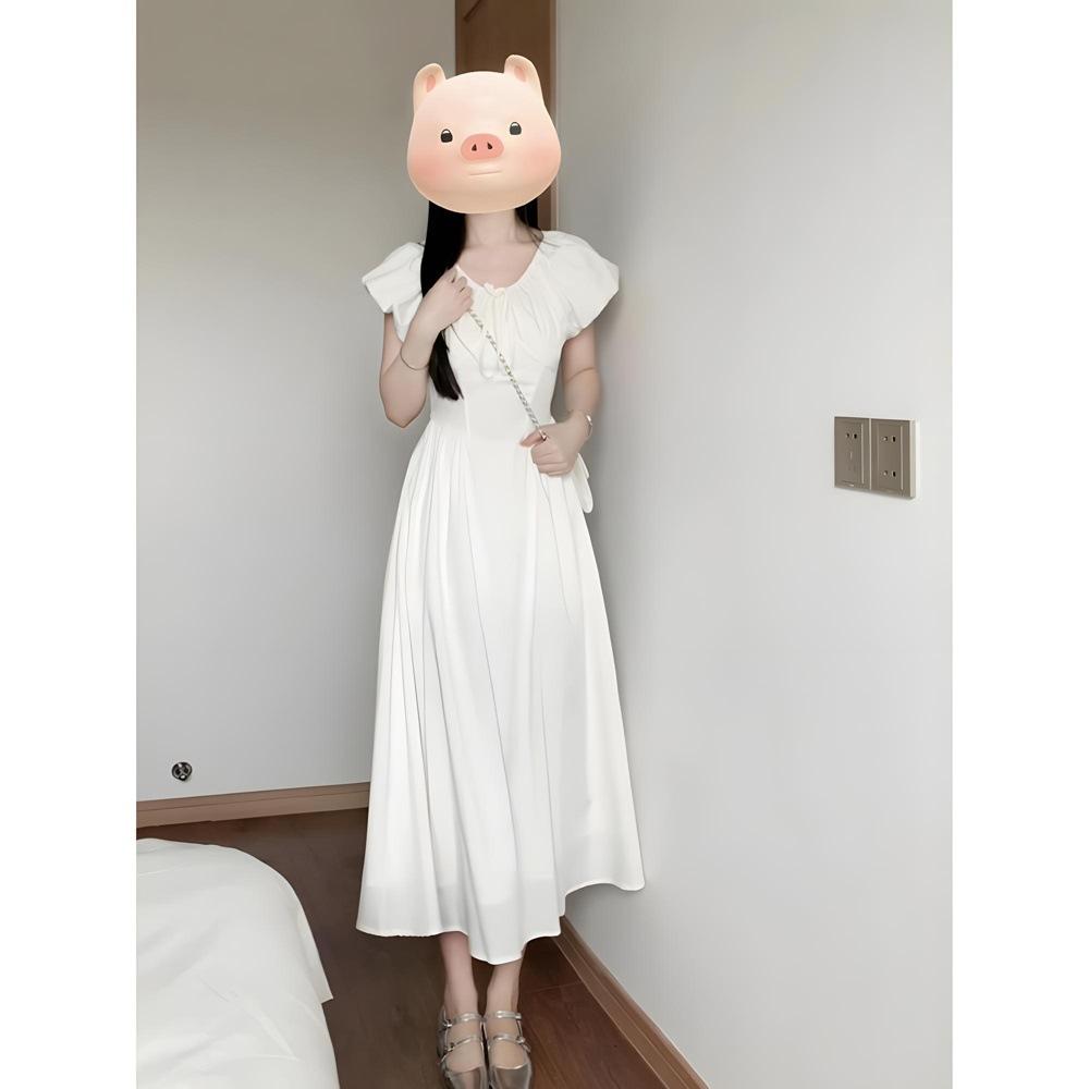 White dress girl new summer small temperament princess fairy waist long dress looks thin
