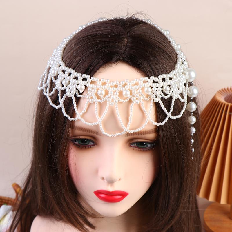 White Beaded Headdress French Style Pearl Bridal Headwear Wedding Elegant Hair Jewelry Photography Accessories