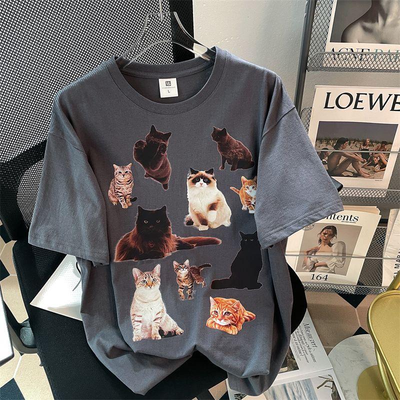 A Lot of Cute Cats Printed Round Neck T-shirt for Men and Women Retro Pure Cotton Summer Fashion Trend Casual Comfy Short Sleeve Top Harajuku