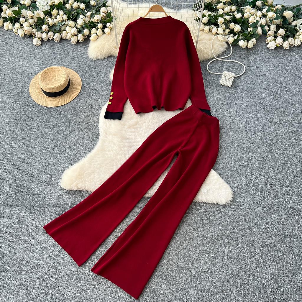 Autumn Winter Women Casual Knitted Sweater Trouser Two Piece Set Big Gold Button Single Breasted Jacket Tops and Elastic Waist Pant Tracksuit