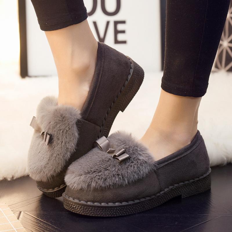 Fashion Women Casual Flat Shoes Soft Loafers Fashion Winter Shoes Comfort Warm Plush Bow Slip On Female Cotton Shoes Zapatos De Mujer