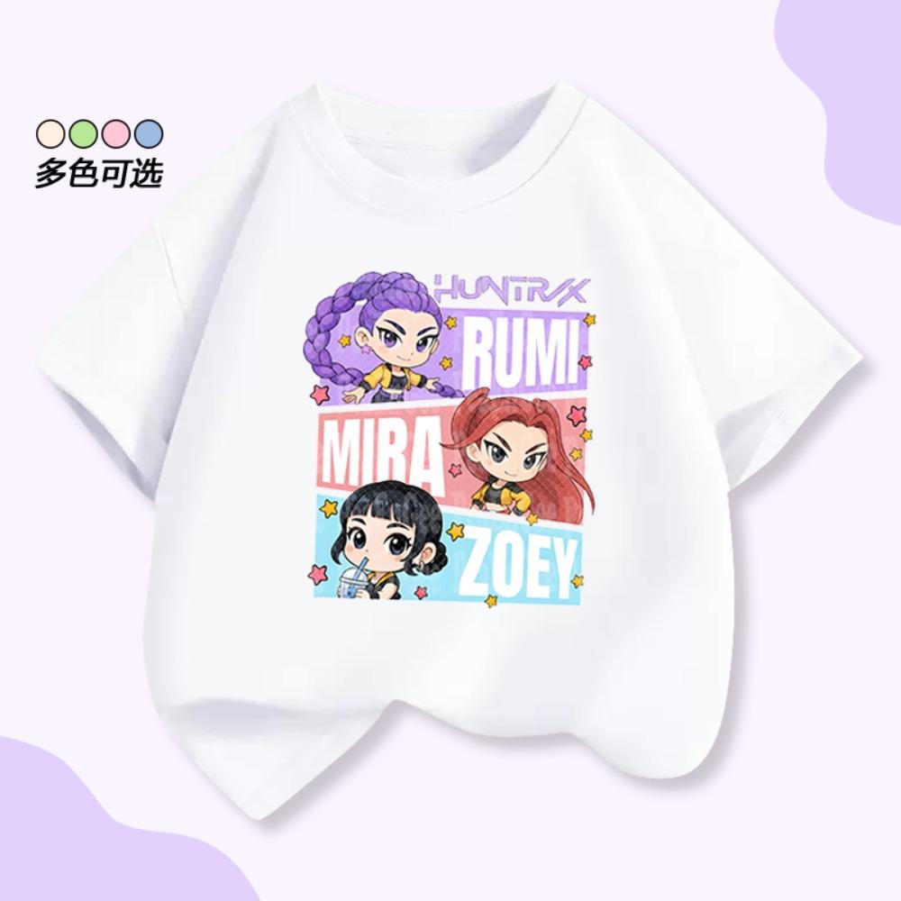 Summer children s 100% cotton short-sleeved Kpop Demon Hunters hunting girl group Mirazoyuriumi cartoon print T-shirt 110