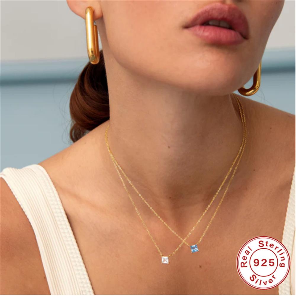 Stylish And Simple Style High-End Sense S925 Sterling Silver Square Four-Claw Diamond-Encrusted Women'S Collarbone Necklace