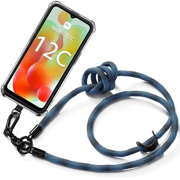 Coque Lanière pour Xiaomi Redmi 12C - Transparent - Antichoc - Amovible Bleu