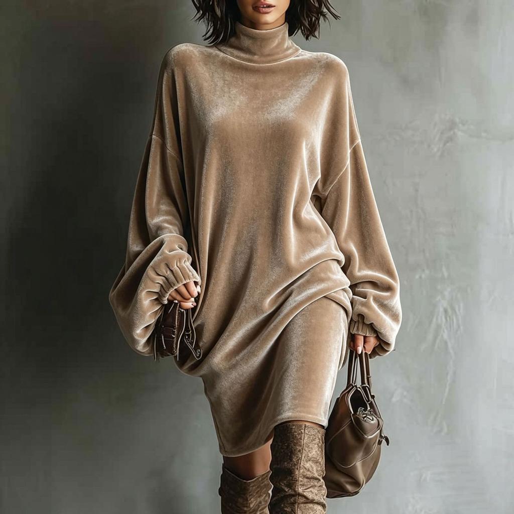 European and American Velvet Turtleneck Loose Dress Women's Long-sleeved Retro Casual Fashion Temperament Commuter Medium and Long Dress