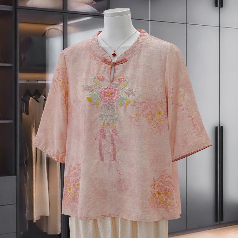 

Elegant Summer 2026 Embroidered Cotton Linen Top - Short Sleeve, Breathable, Retro Wear for Mom on Mother s Day 5XL (150-165 lbs)