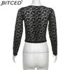 BITCED Autumn Women's Solid-Colour Slim-Fit Cropped V-Neck Long-Sleeved Printed Top
