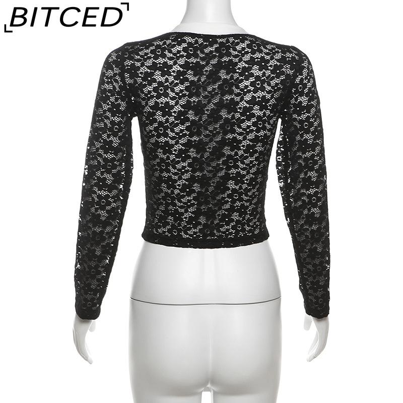 BITCED Autumn Women's Solid-Colour Slim-Fit Cropped V-Neck Long-Sleeved Printed Top