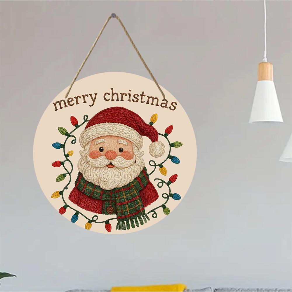 Vintage Santa Claus Print Round Wooden Hanging Plaque Natural Solid Wood Texture Wall Decor Door Sign Christmas Festive Home Gift Ornament