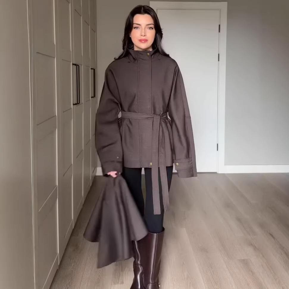 Cross-border European and American women's clothing Amazon stand-up collar British style casual trend cloak jacket temperament lace-up