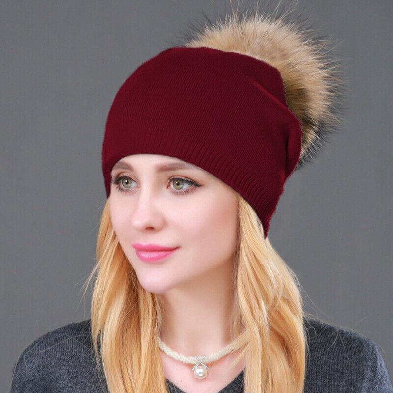 Women Winter Warm Cashmere Wool Knitted Real Fur Pom Pom Ball Beanie Hat