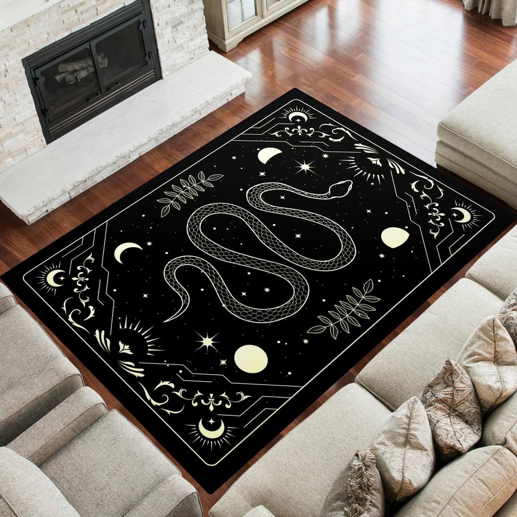 Bohemian Celestial Print Rug, Black & Beige Snake & Star Non-Slip Floor Mat for Living Room Bedroom Witchy Home Decor Carpet