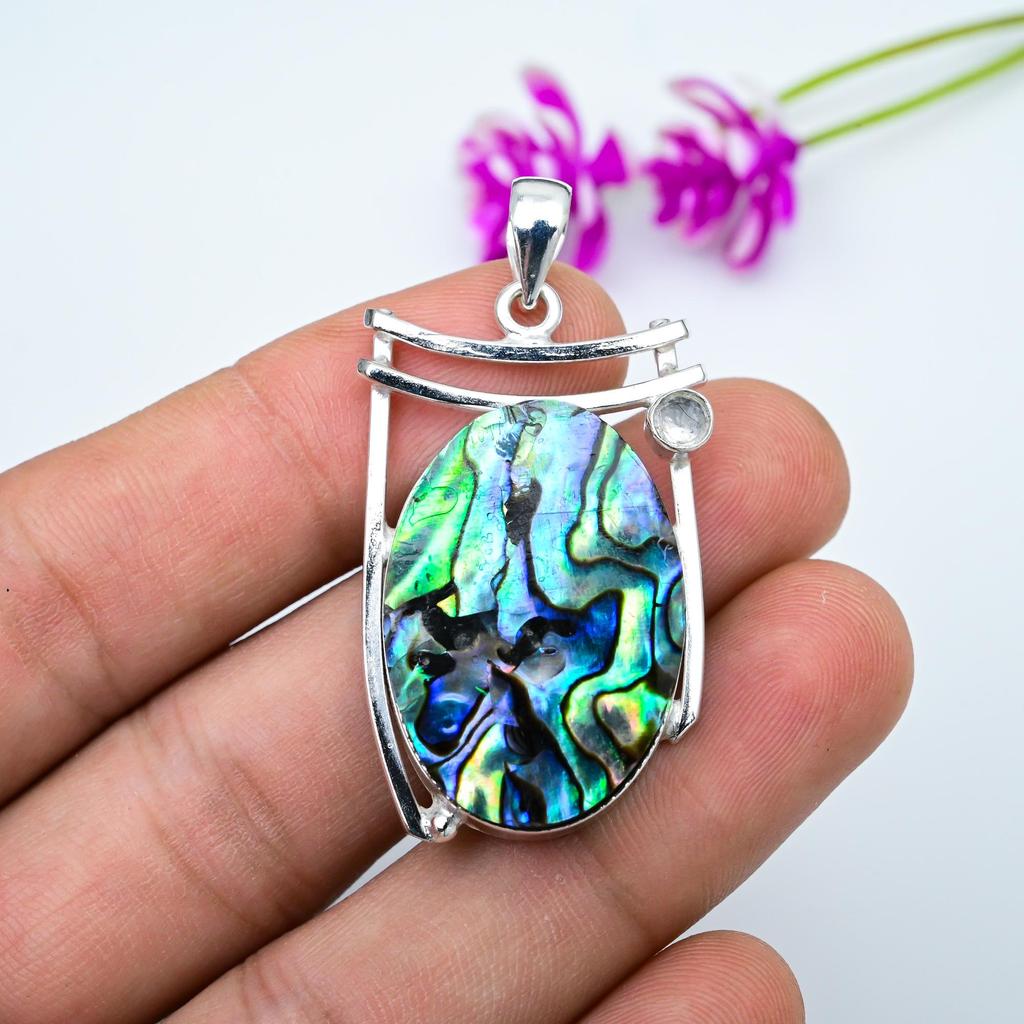 Abalone Shell, White Topaz 925 Solid Sterling Silver Pendant, Handmade Gemstone Pendant Jewelry, Gifts For Wife Brand New Pendant