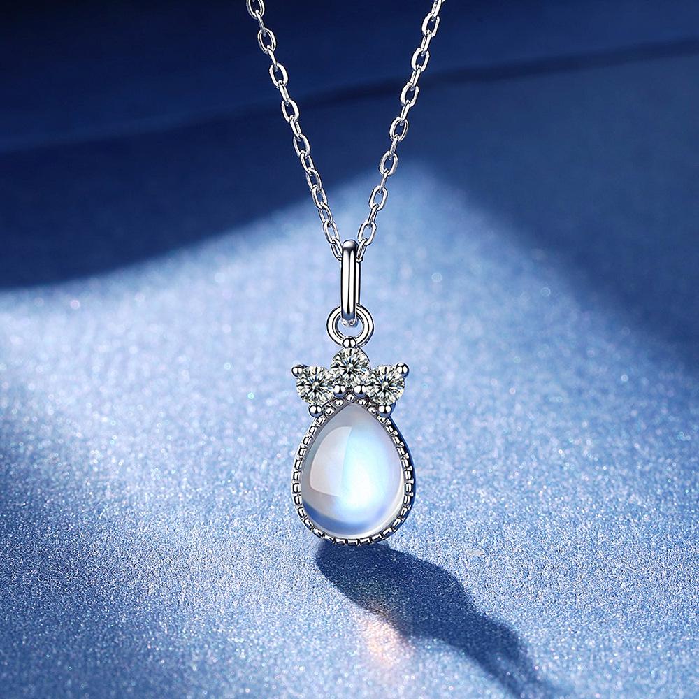 Exquisite 925 Sterling Silver Teardrop Moonstone Necklace for Women - Creative Design Clavicle Chain