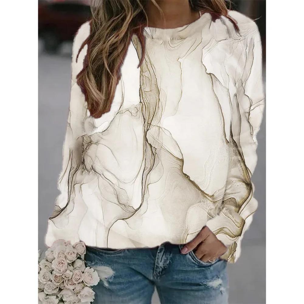 Hot Selling New Marble Texture 3D Printed Women's Casual Round Neck Long Sleeved T-shirt