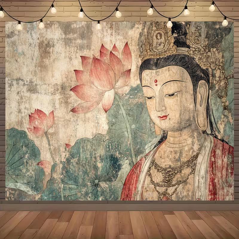 

2D Buddha & Lotus Pond Tapestry, Vibrant Buddhist Art for Parties & Photo Booths 47.2x31.5inch/120*80cm