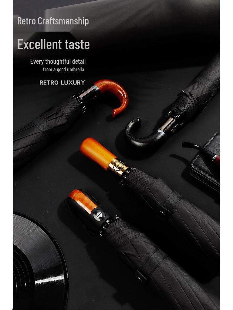 Automatic 10-Rib Black Glue Sunscreen Umbrella with Curved Handle, Compact Three-Fold Design, Custom Logo Available