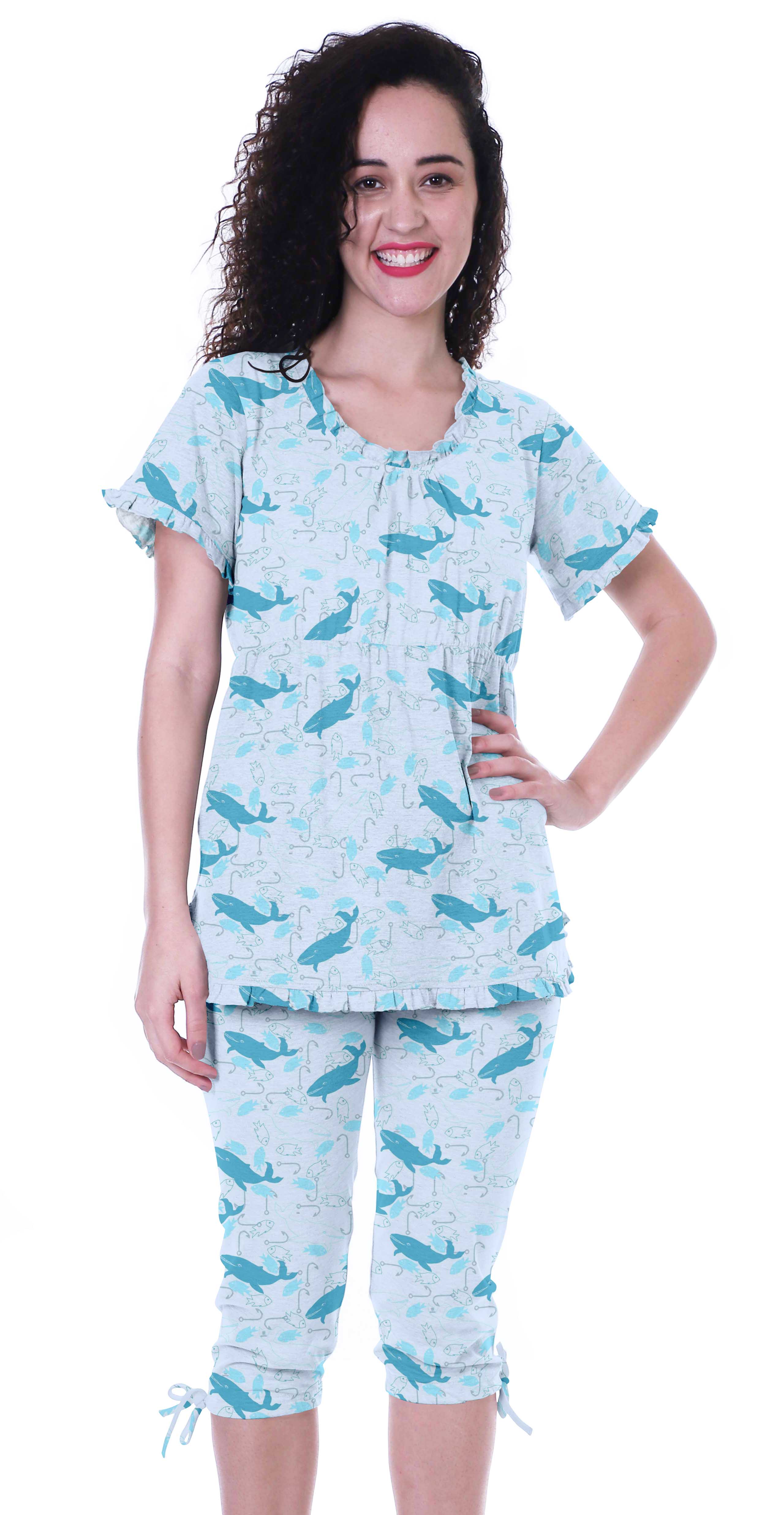 

Moomaya Printed Cotton Nightwear Set For Women s Top & Capri Pant 2 Piece XX-Large небо синє кольору