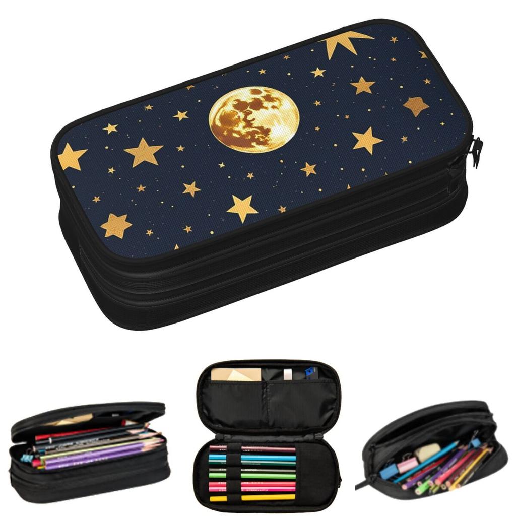 Golden Navy Celestial Night Moon And Stars Pencil Cases for Students School Pen Box Pencil Bag Big Capacity Pencil Pouch