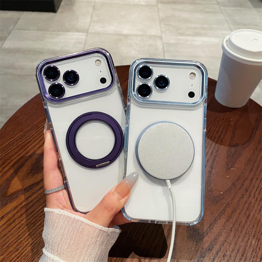 For iPhone 17 Air 16 Pro Max Transparent For Magsafe Magnetic Rotating Holder Stand Case For iPhone 12 13 14 15 Plus Frame Cover