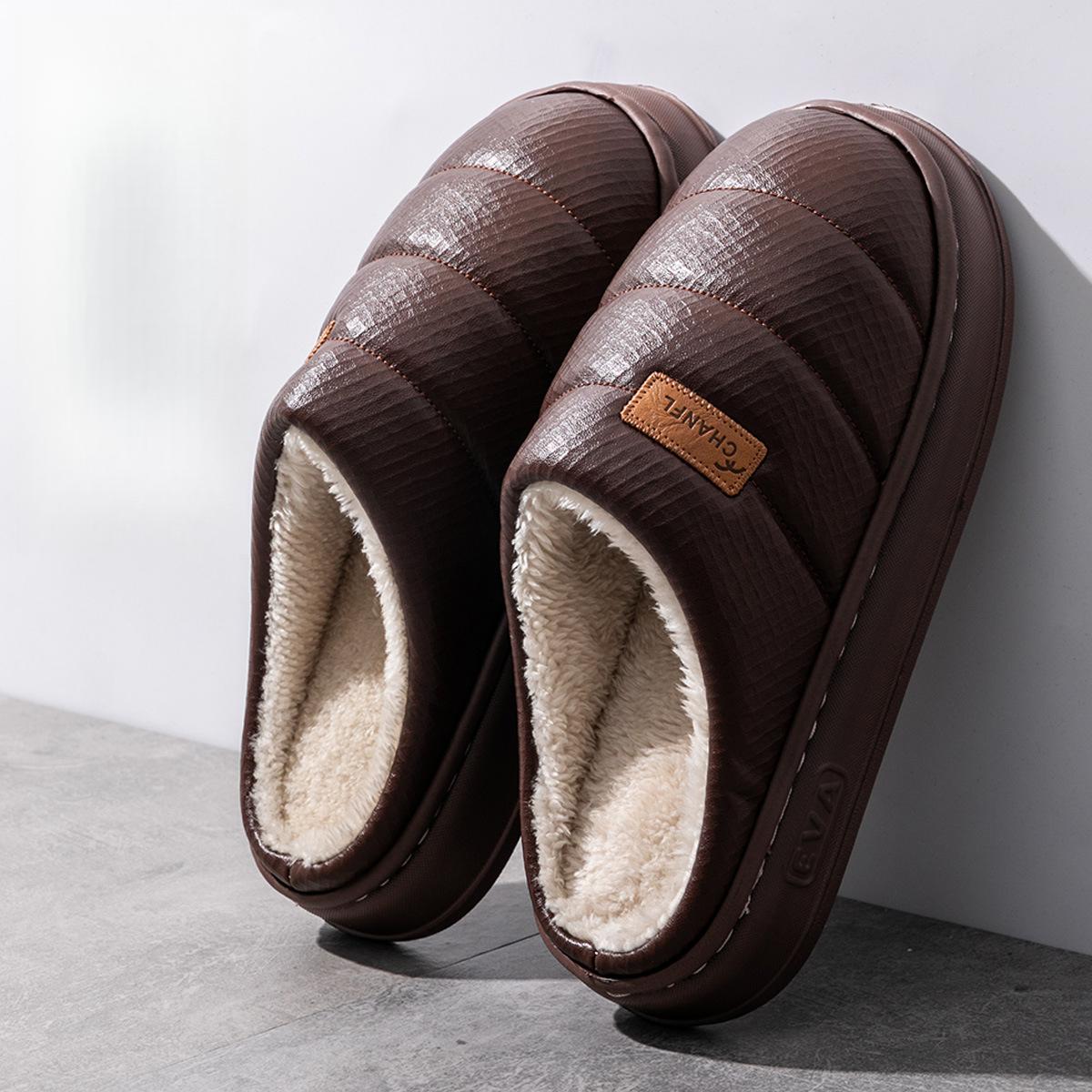 

PU Waterproof Cotton Slippers Large Size New Indoor Home Non-Slip Thick Sole Warm Home Men s Slippers Autumn Winter 42-43 коричневий