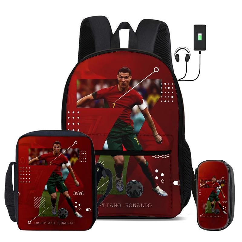 Ronaldo 3 Pcs Set School Bags Backpack with USB Interface CR Football Star Shoulder Bag Football Sports Pencil Bag Kids Rucksack