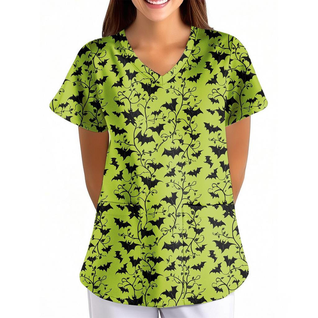 Women's Halloween Printed Loose V-Neck Pocket Short SleevUniform Uniform