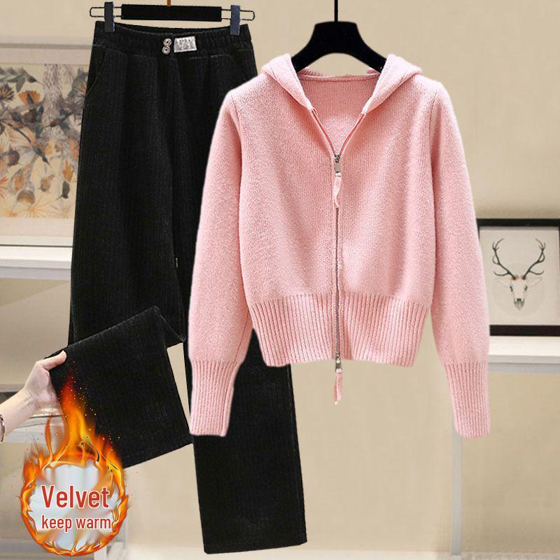 Sweet Autumn & Winter Women's Double Zipper Hooded Knitted Sweater Set